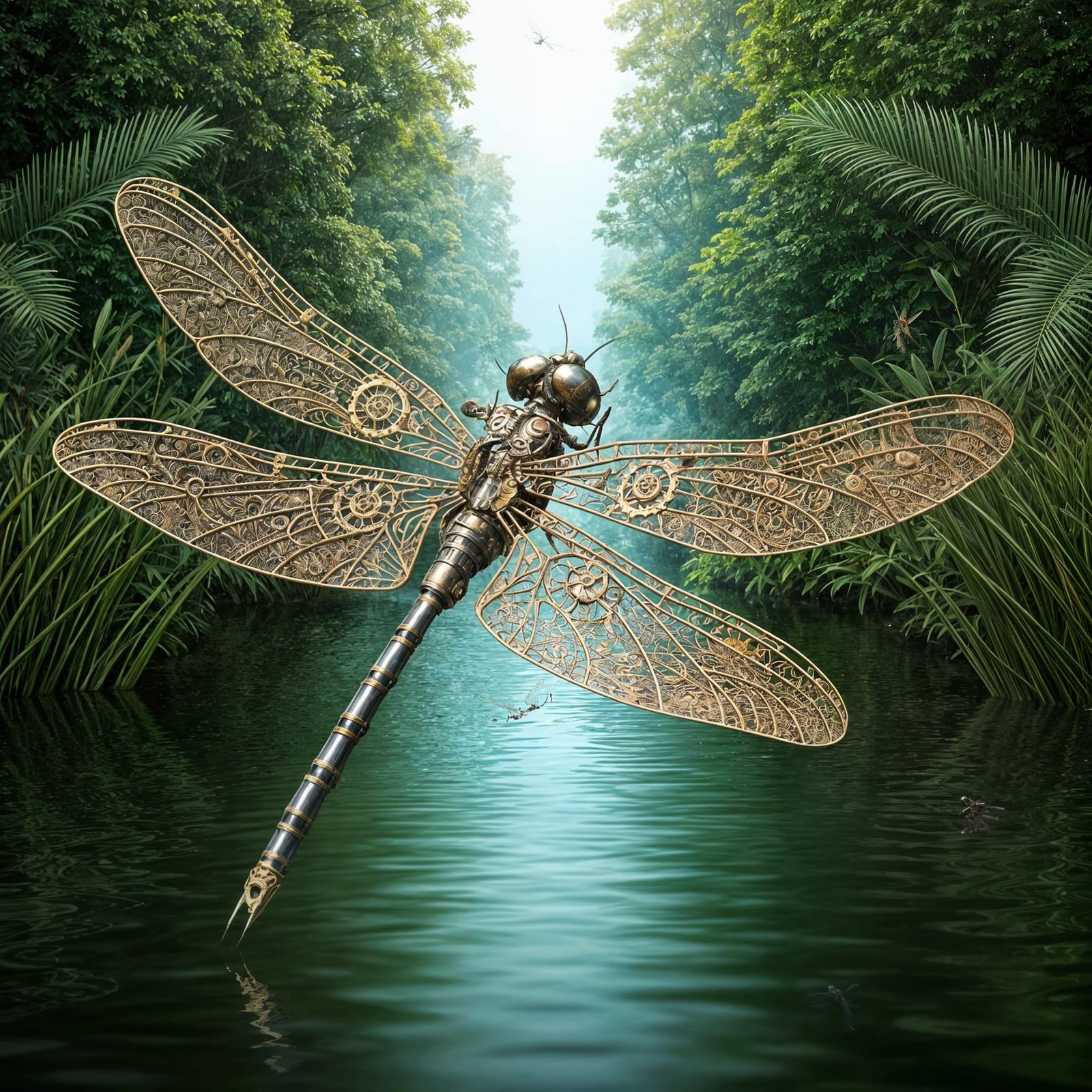 Steampunk Metallic Dragonfly Over Pond in Photorealistic Sty...
