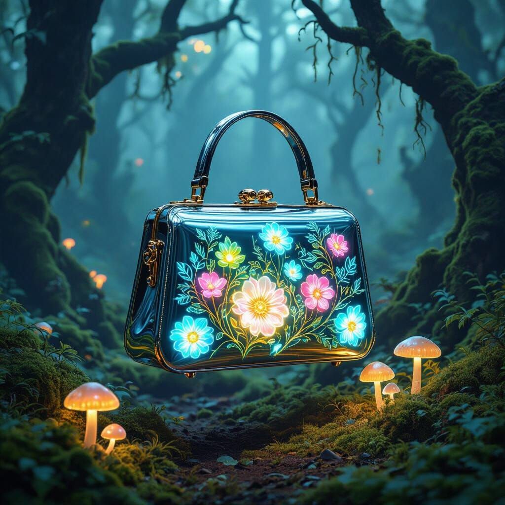Bioluminescent Handbag in Enchanted Forest Clearing