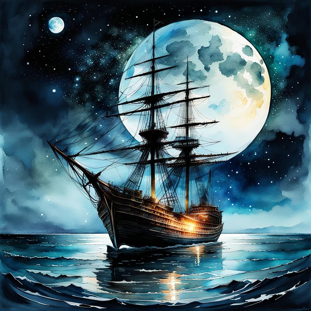 Lonely Ship at Galaxy Night in Watercolor Style