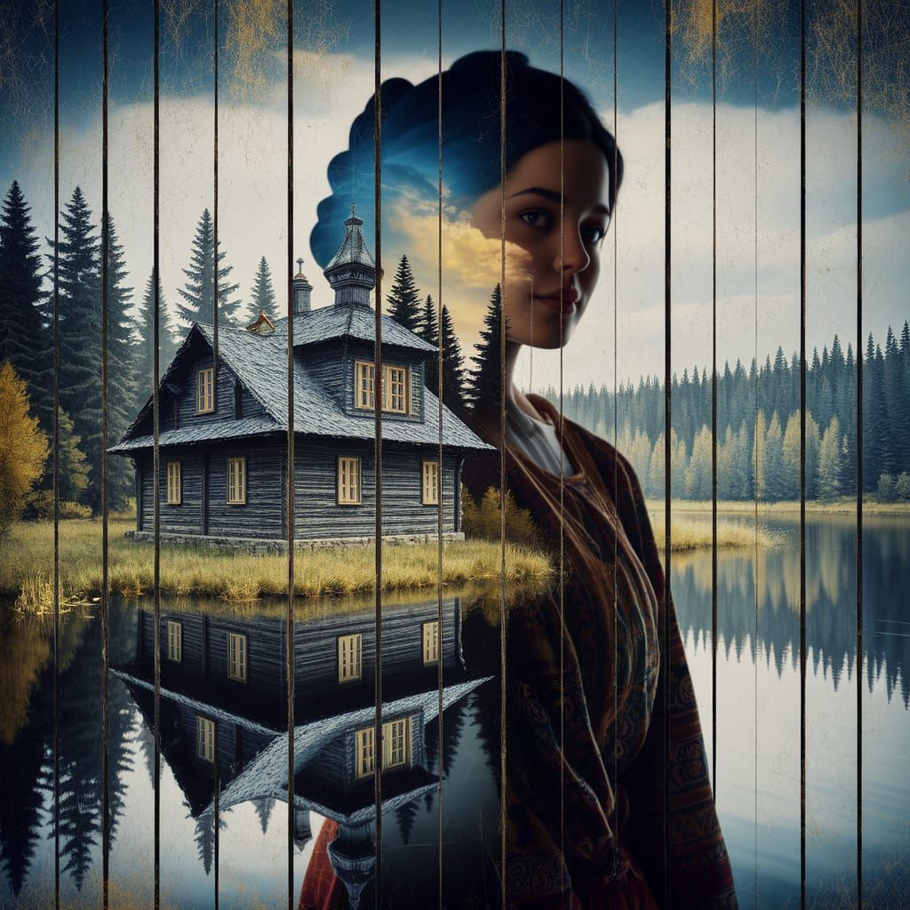 Ukrainian House with Woman in Double Exposure