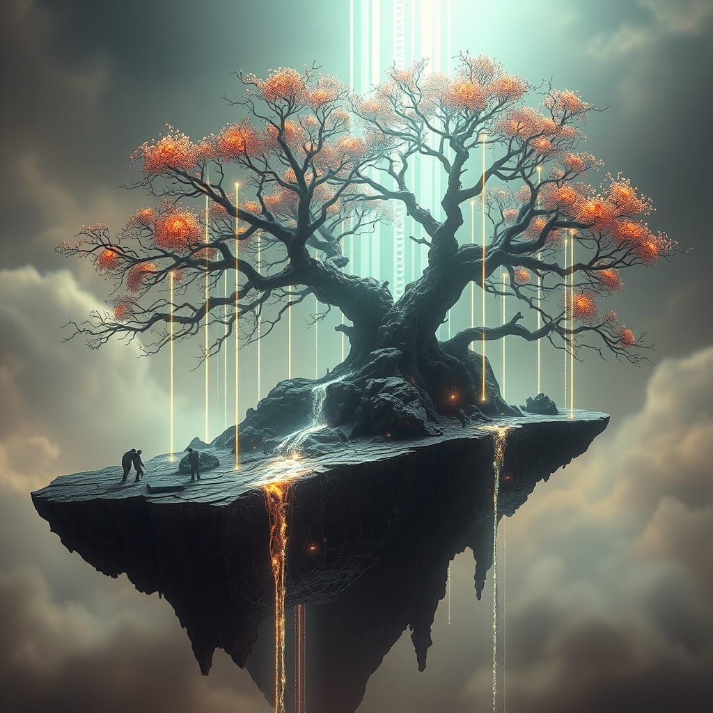 Biomechanical Tree Blooms on Obsidian Isle in Dreamlike Land...