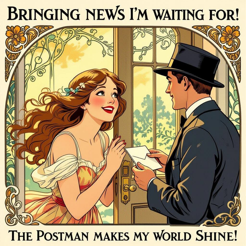 Art Nouveau Woman Greets Postman with Exciting News