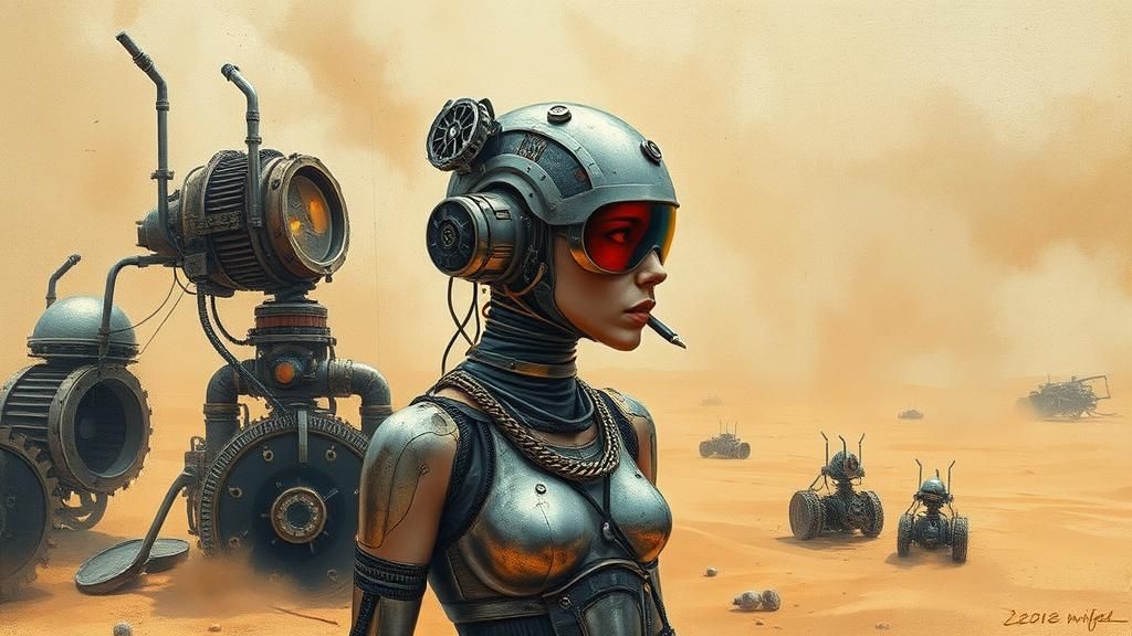 Cyborg Punk Woman in Post-Apocalyptic Desert, Gouache Style
