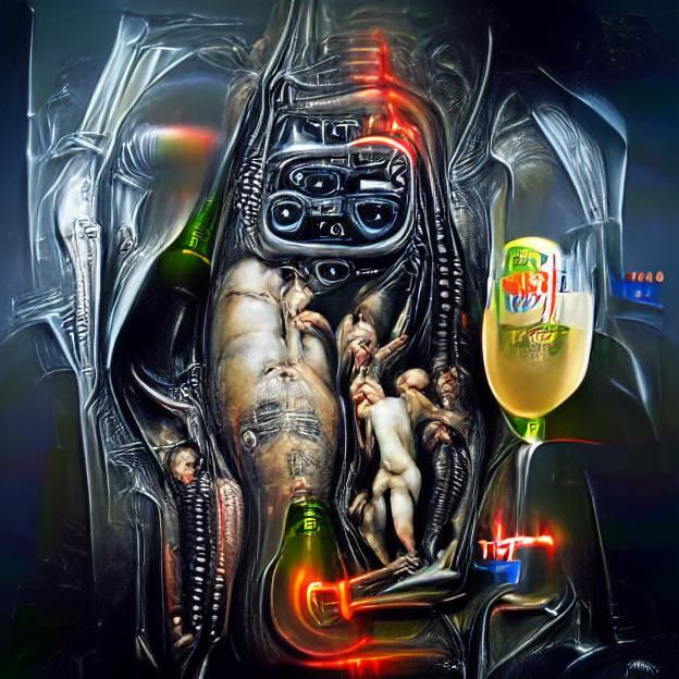 Cyborg Bacchanal Triptych in Hyperreal Neon Style
