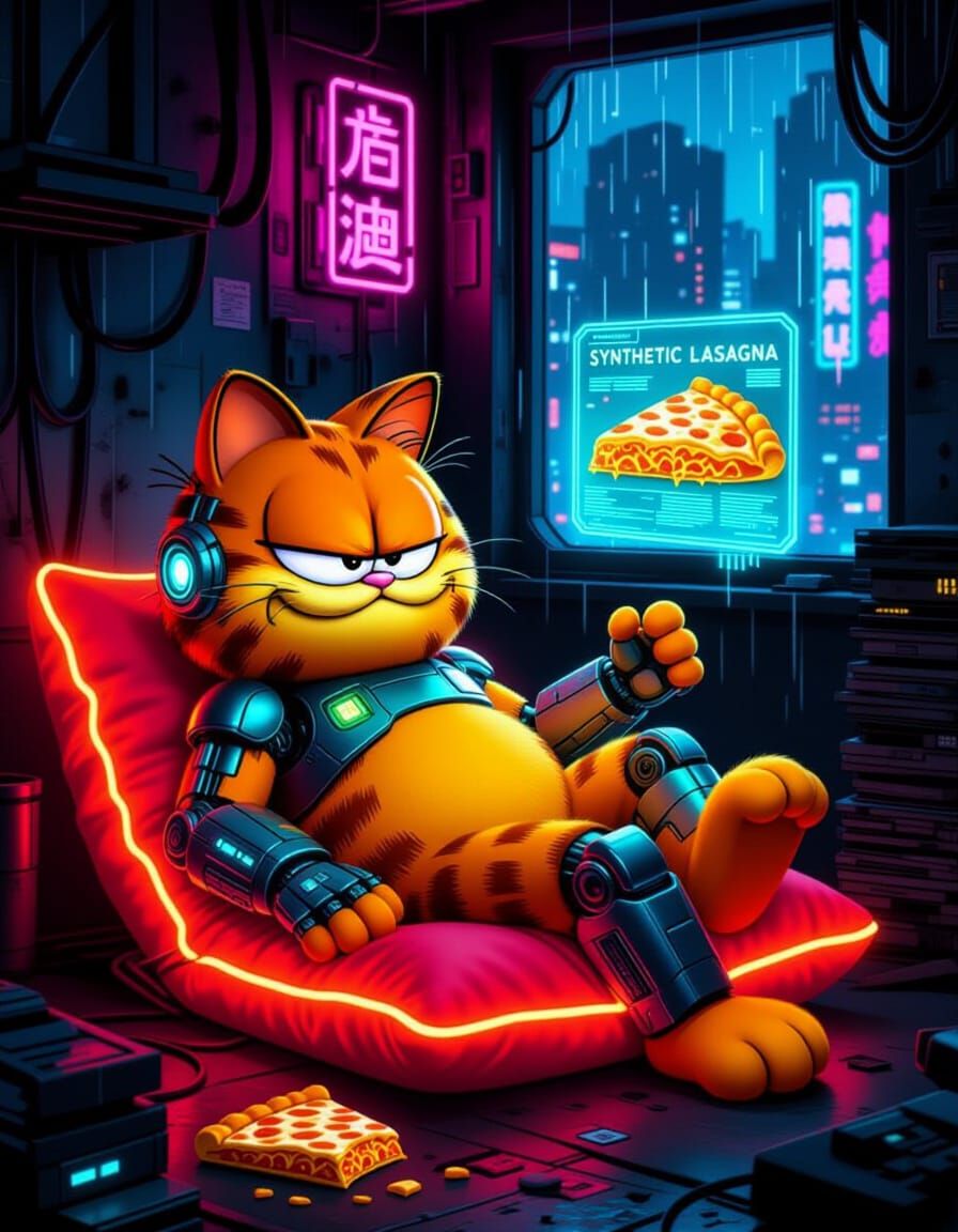Cyberpunk Garfield Lounges on Neon Cushion