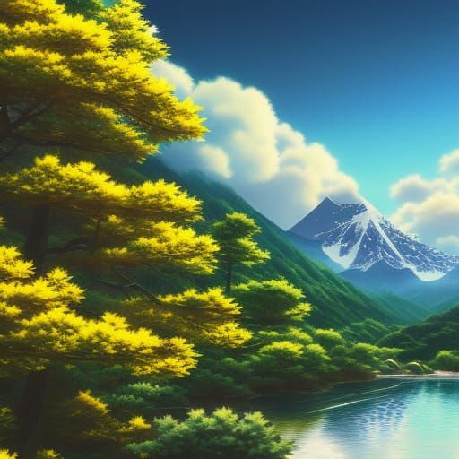 Anime Mountain Forest Sky in Kyoto Animation Style