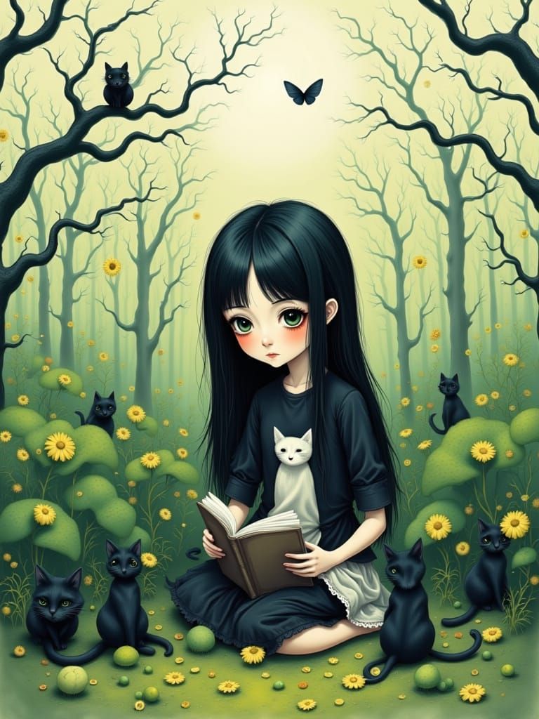 Girl Reading Book Surrounded by Cats in Watercolor Style