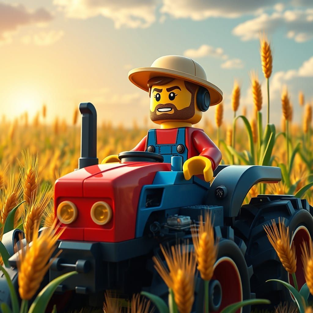 Lego Farmer Grogu on Tractor in Wheat Field
