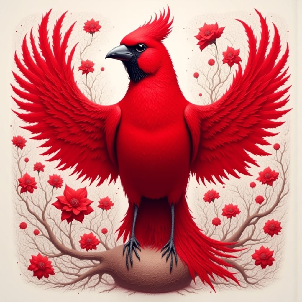 Fire Red Songbird with Crimson Crown