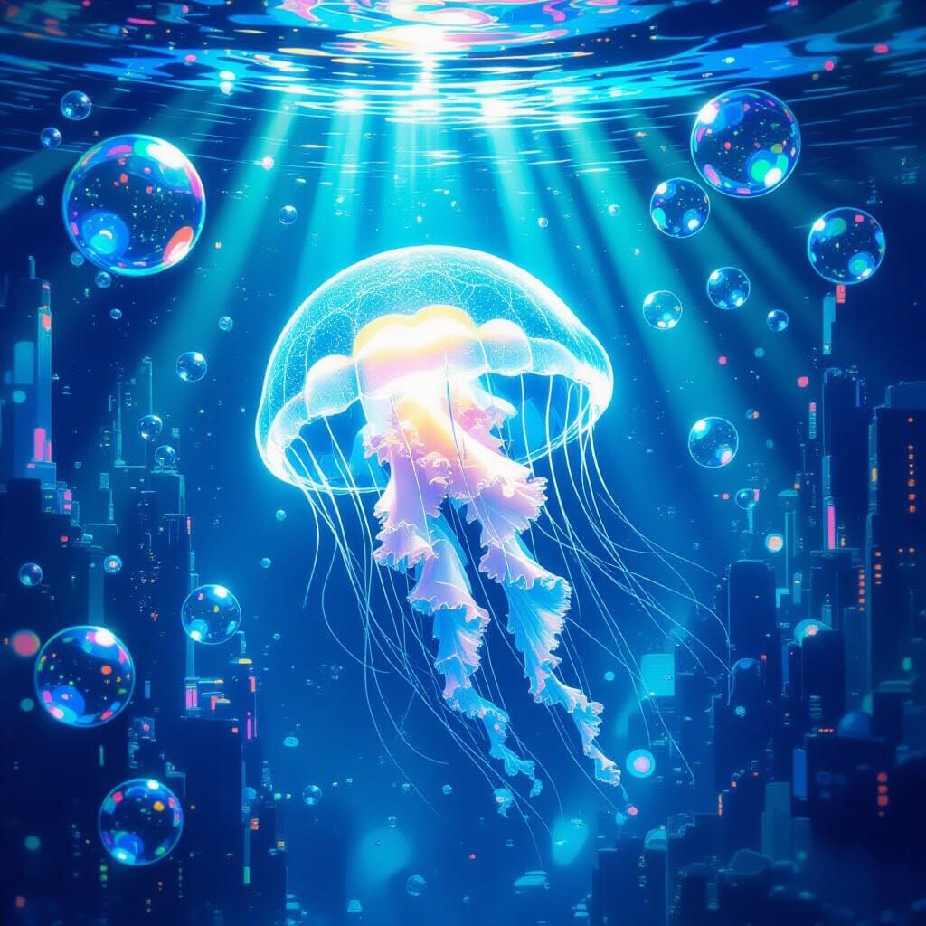 Bioluminescent Jellyfish in Iridescent Underwater City