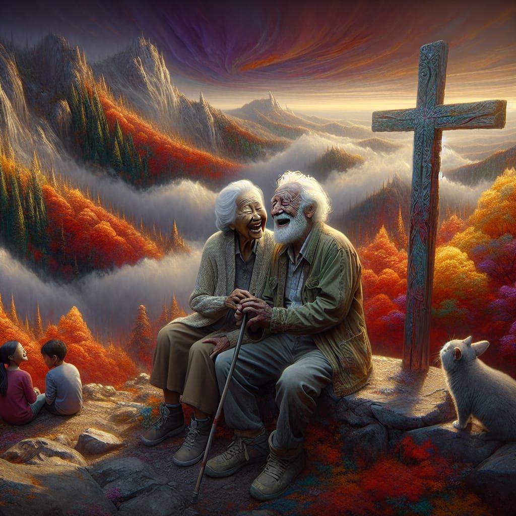 Heartfelt Autumn Summit Scene with Elderly Couple