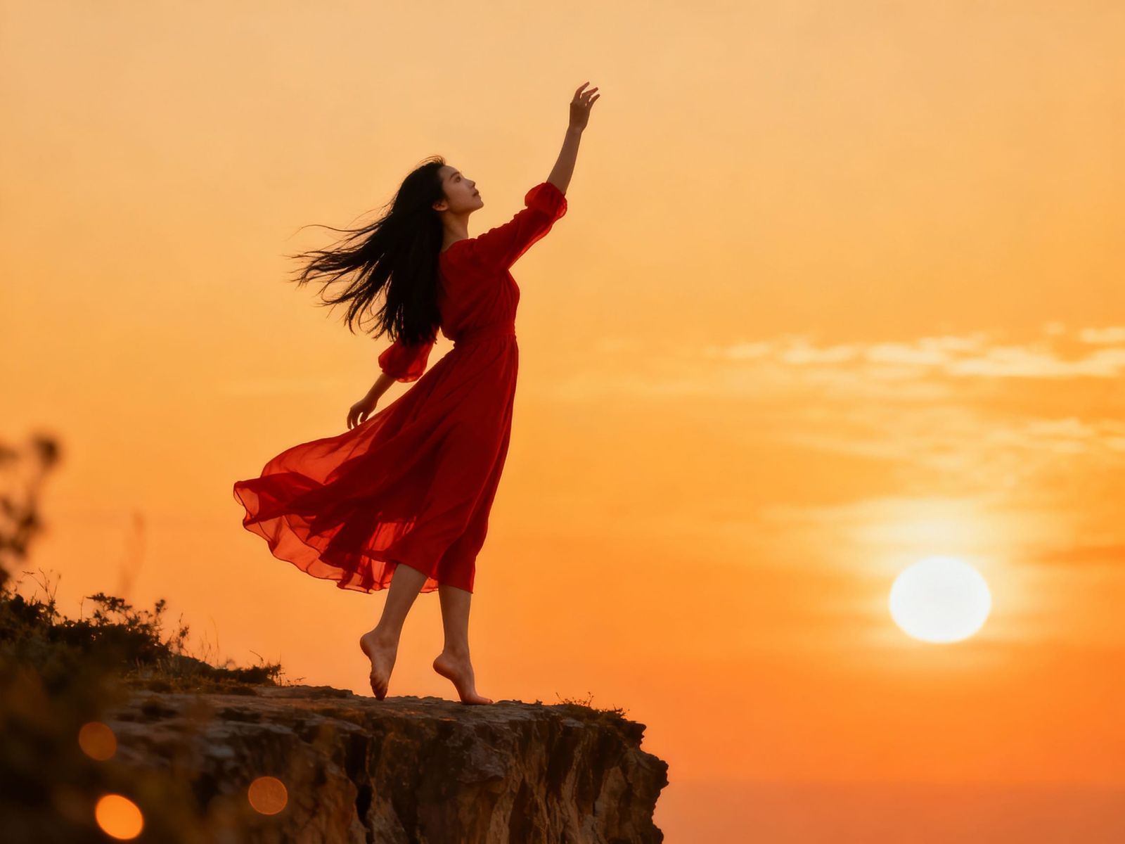Young Woman in Red Dress Reaching for Sunset Sky