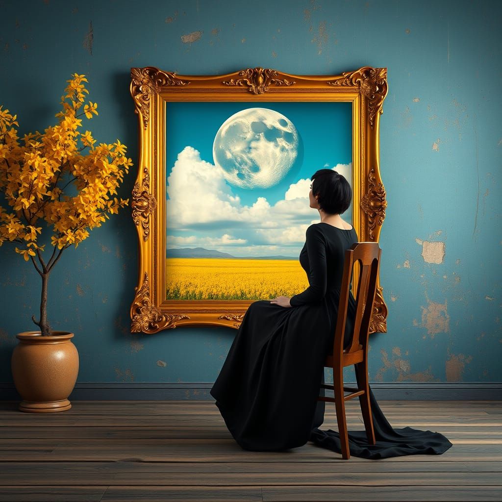 Surreal Woman Contemplates Dreamlike Landscape in Ornate Gol...