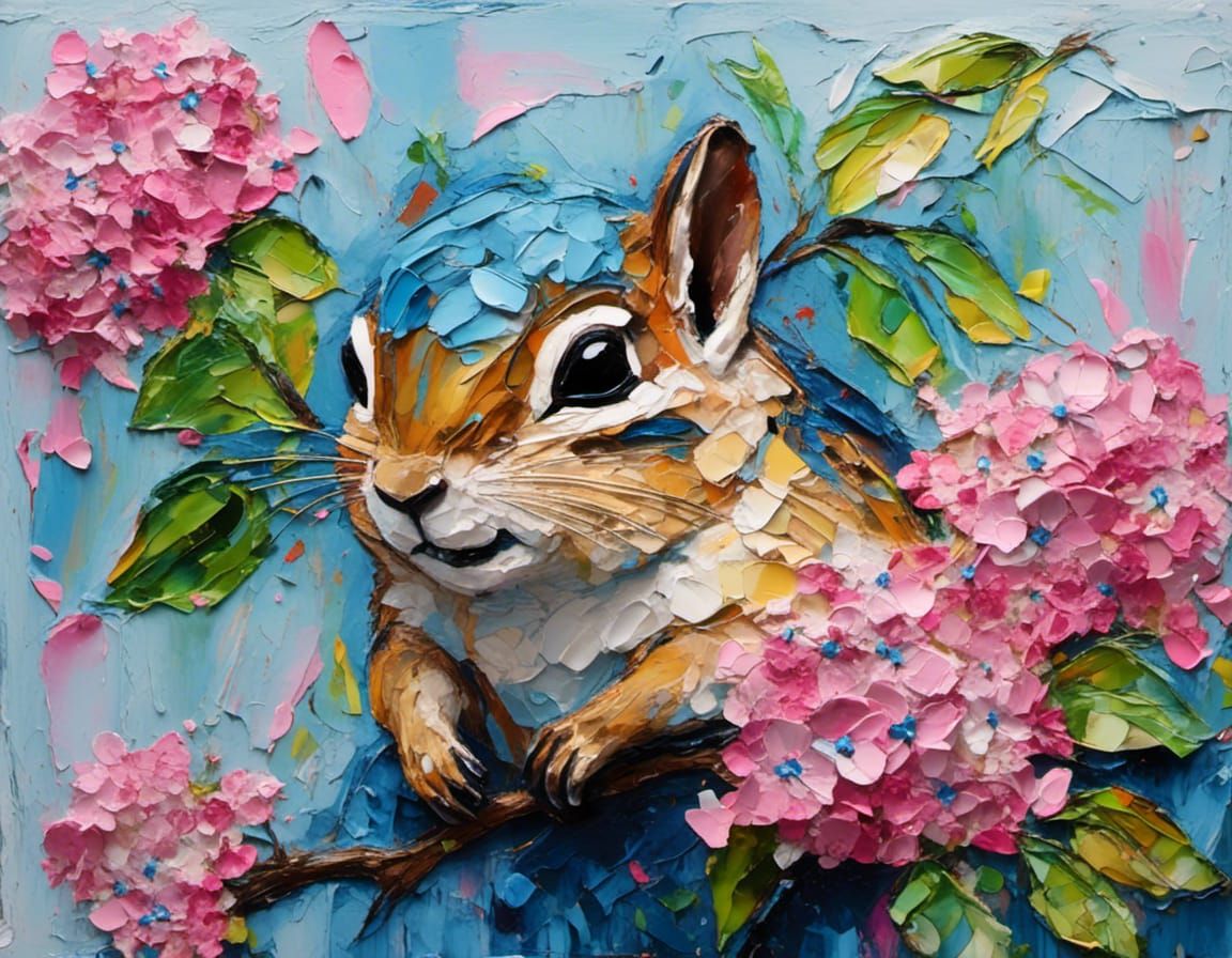 chipmunk hiding in Blue and pink hydrangea