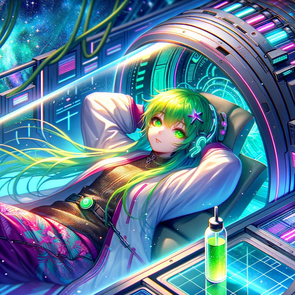 Anime Cyberpunk Girl in Capsule Bed with Energy Drink