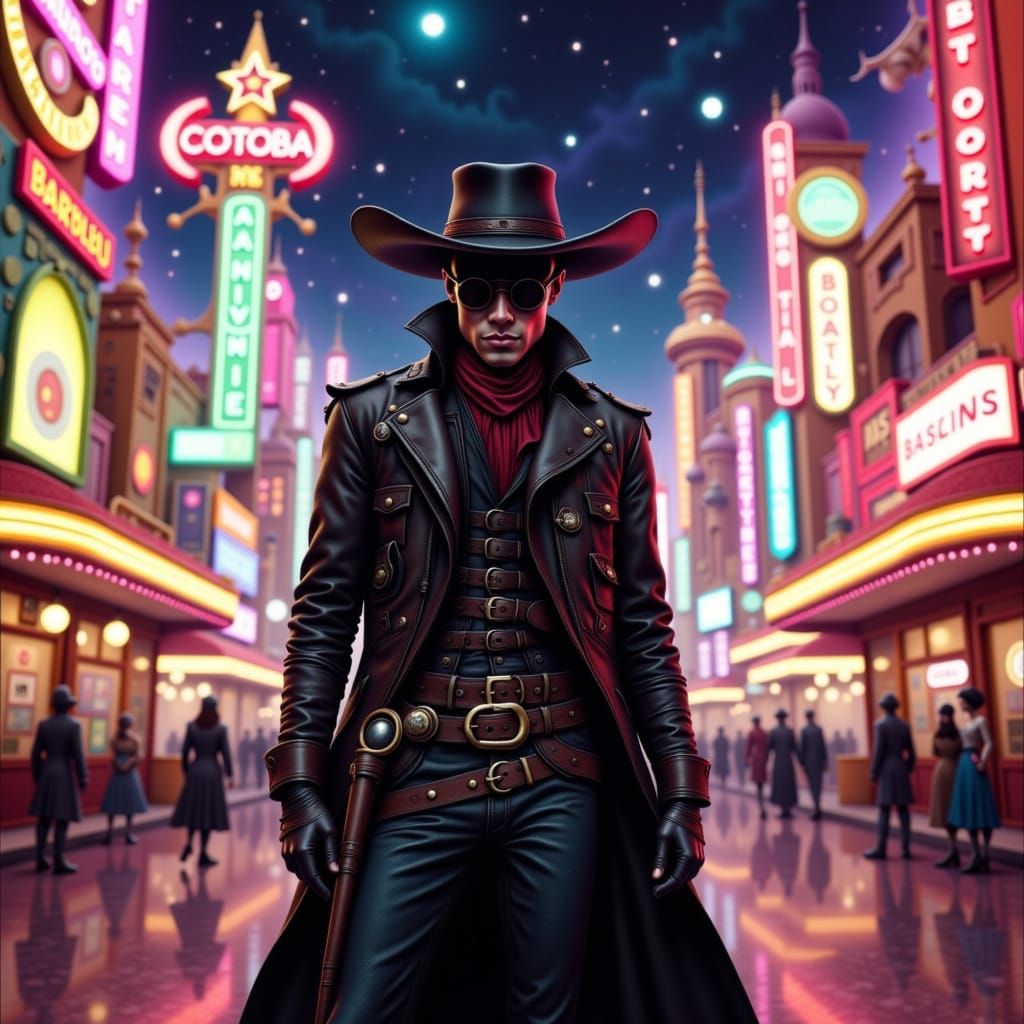 Cowboy on Neon Vegas Strip, Victorian West Meets Modern Glit...