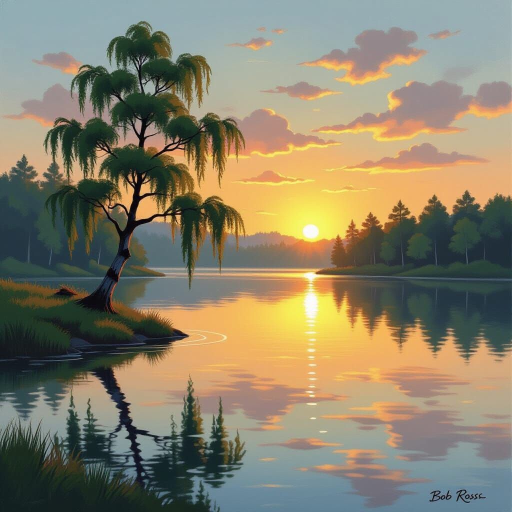 Peaceful Lakeside Sunrise with Weeping Willow
