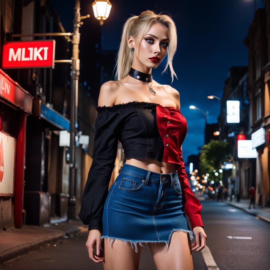 Girl in Denim Skirt on City Street Corner