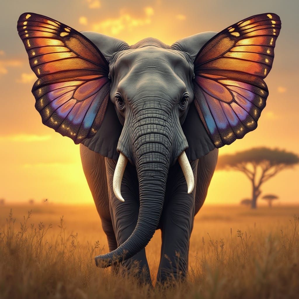Majestic Elephant with Iridescent Butterfly Wings in Dreamli...
