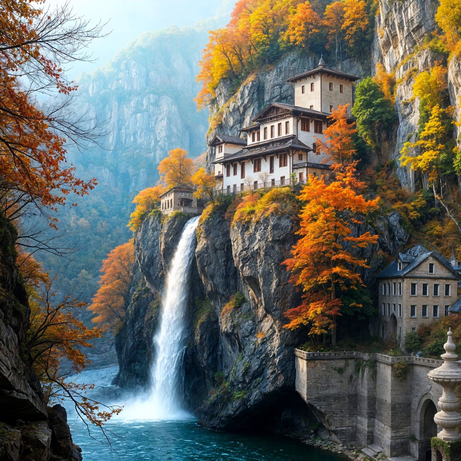 Autumn Monastery Waterfall with Rainbows on Cliffside