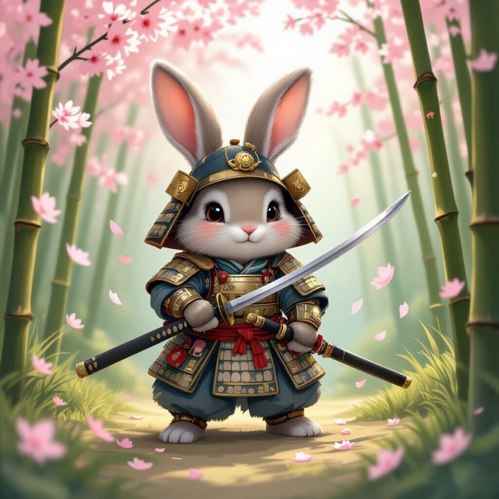 Bunny Samurai in Bamboo Garden, Pastel Art