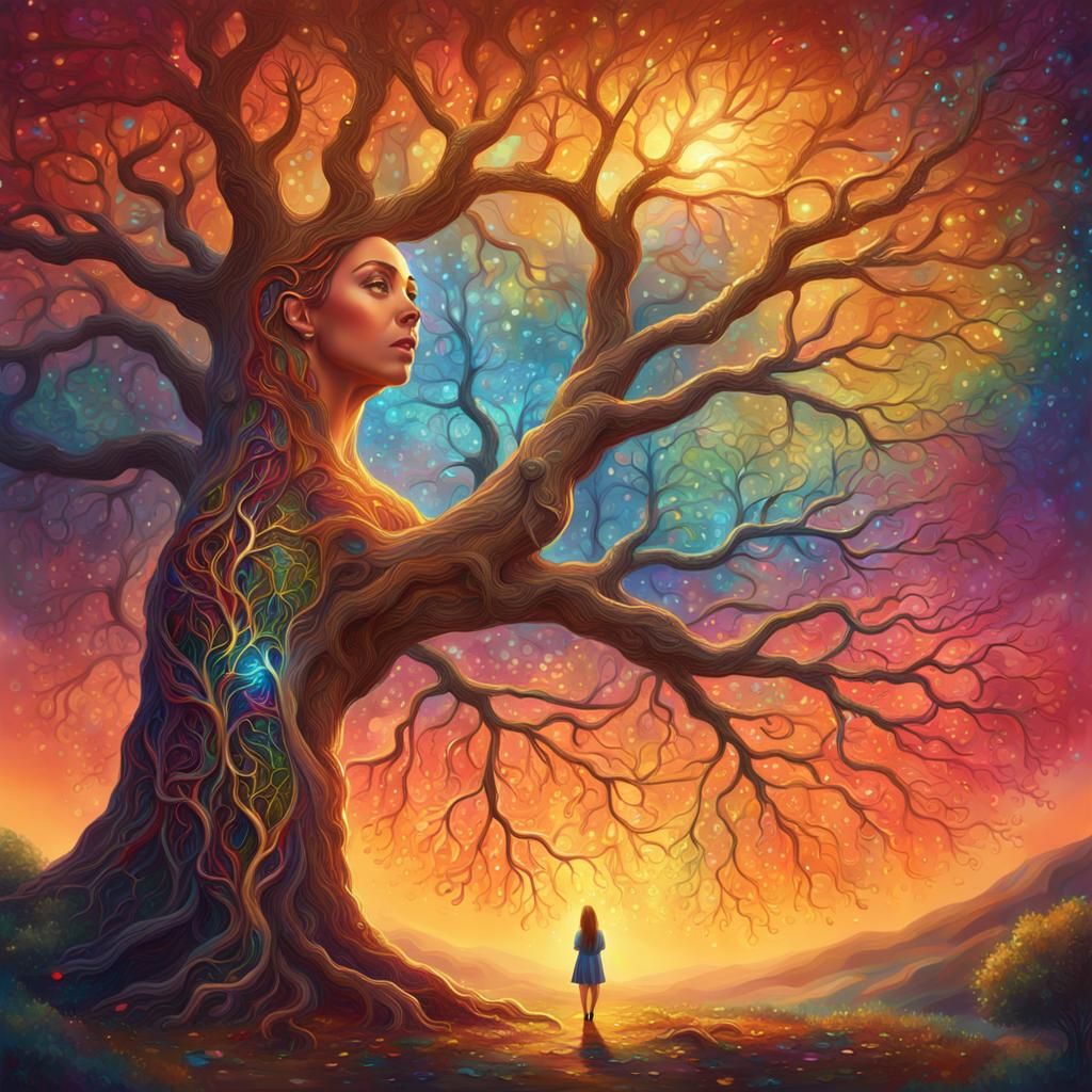 Woman and Glittering Tree of Life in Art Nouveau Style