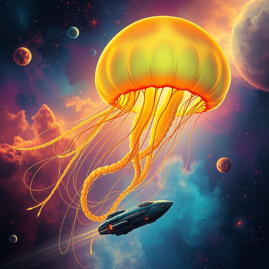 Giant Bioluminescent Jellyfish in Vibrant Galaxy