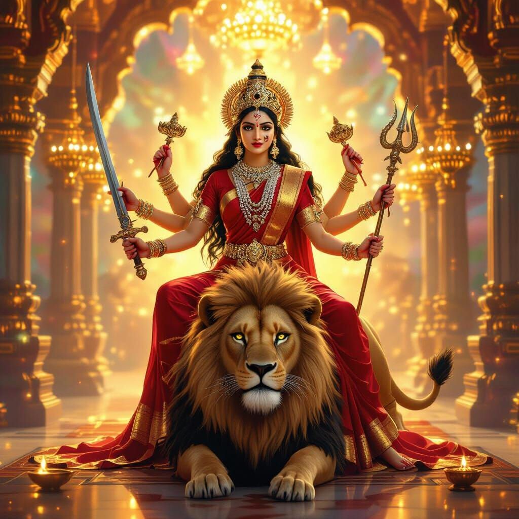 Goddess Durga in Golden Temple, Hyper-realistic