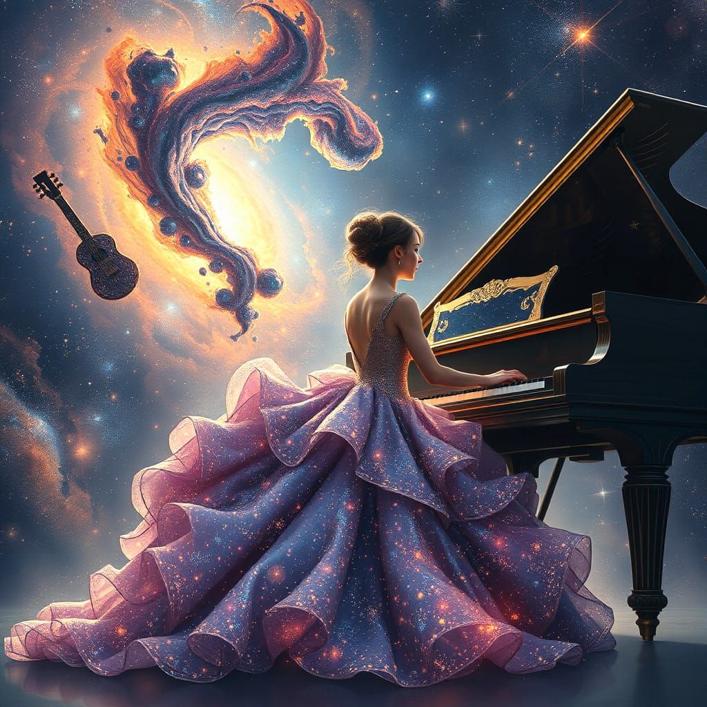 Woman in Star Dress Plays Universe Piano