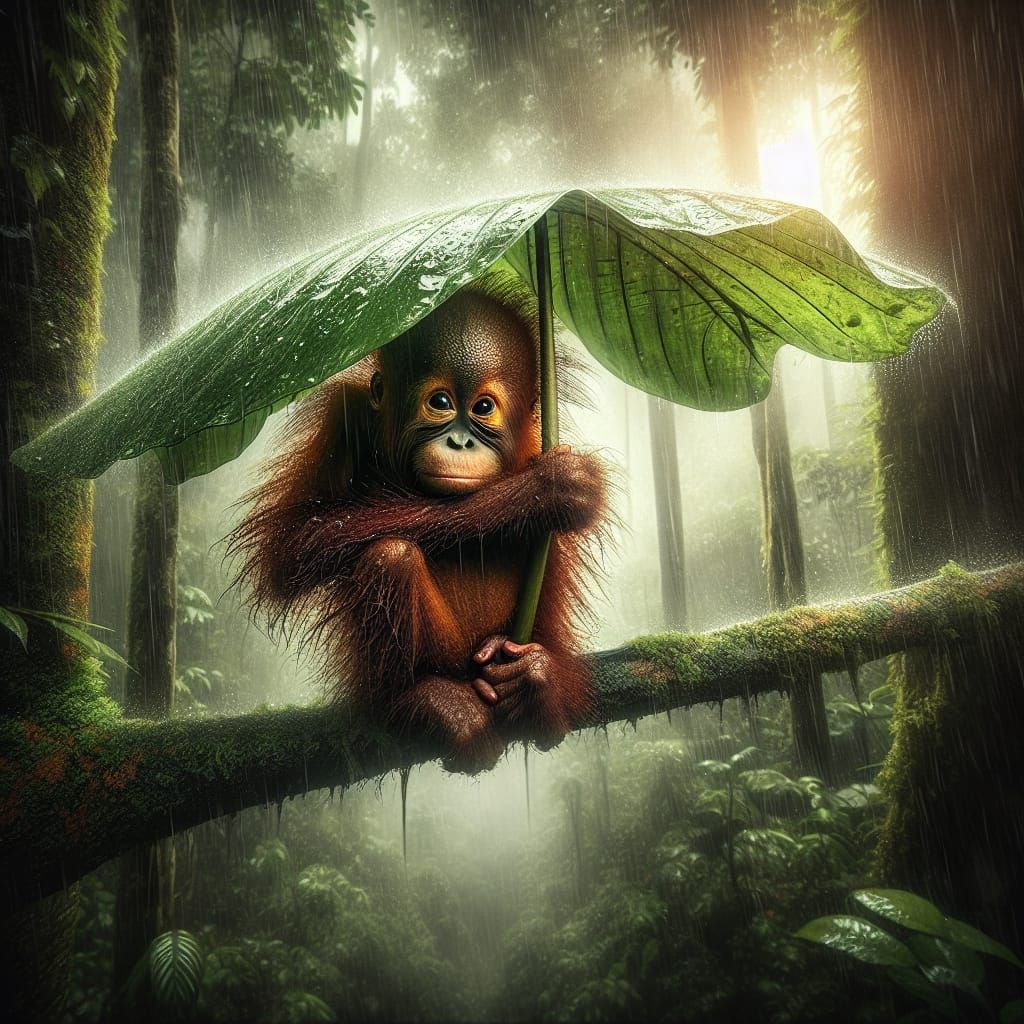 Orangutan in Monsoon, Romantic Landscape Painting