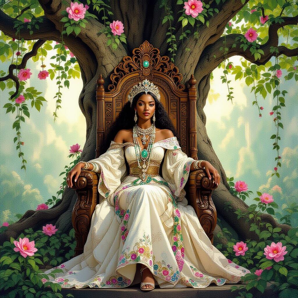 African Princess on Tree Throne in Enchanted Sanctuary