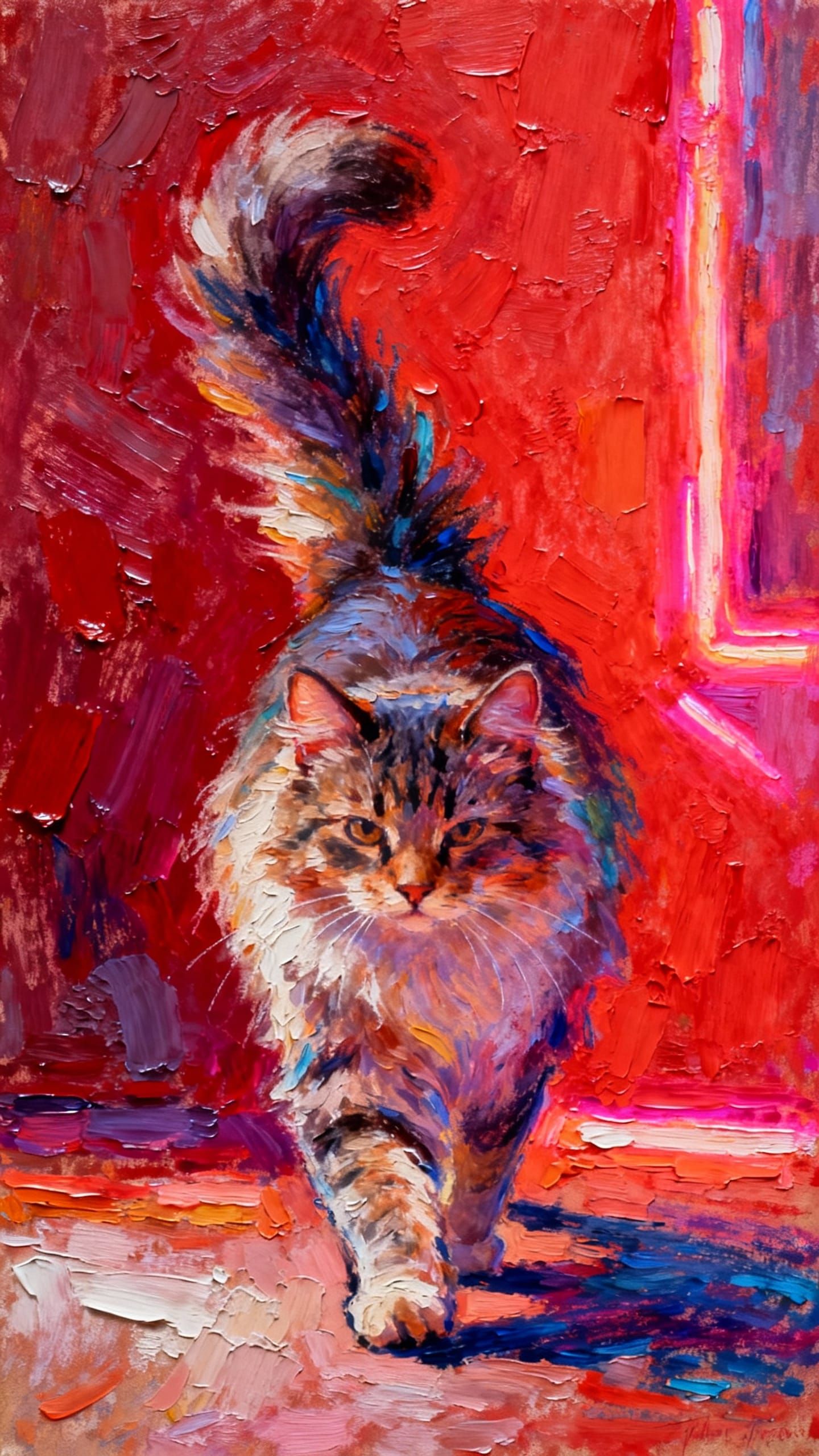 Fluffy Cat Walking Away in Abstract Gouache Style