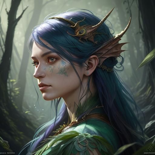 Dragon Fairy Forest Spirit Portrait in Art Nouveau Style