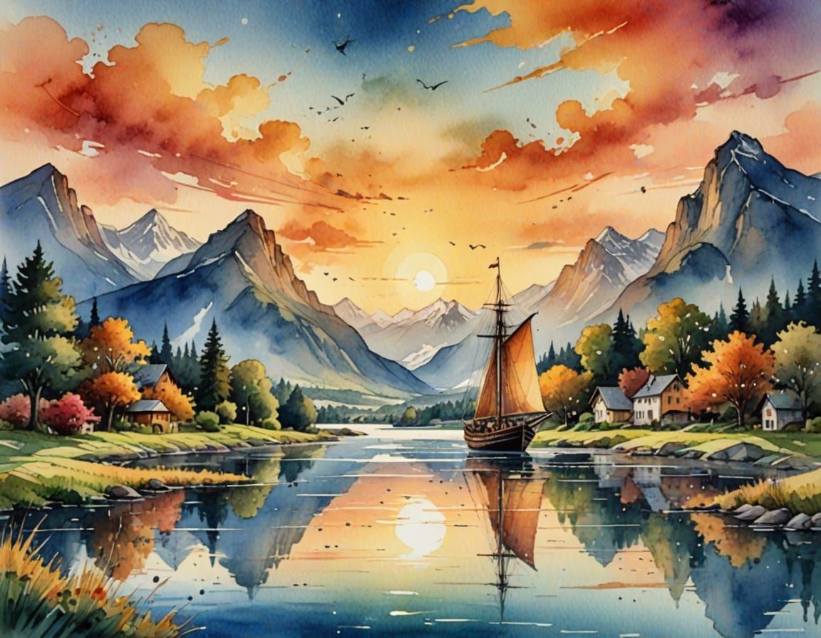 Whimsical Tudor-Style Watercolor Masterpiece of a Golden Sun...