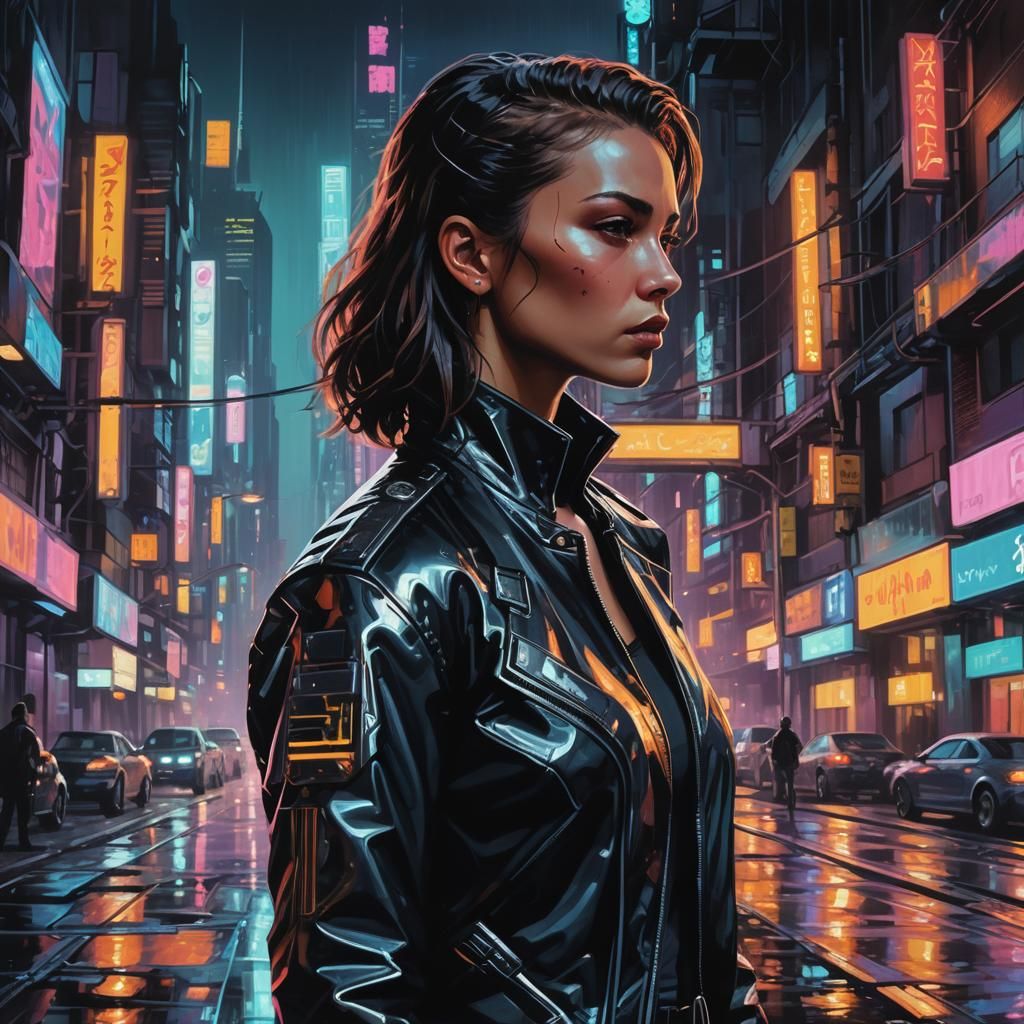 Cyberpunk Warrior in Film Noir Style