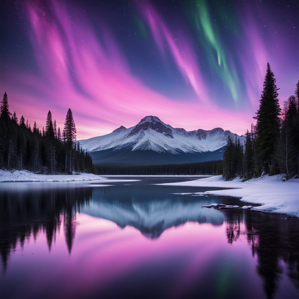 Ethereal Snow-Capped Peak Illuminated by Cosmic Dance
