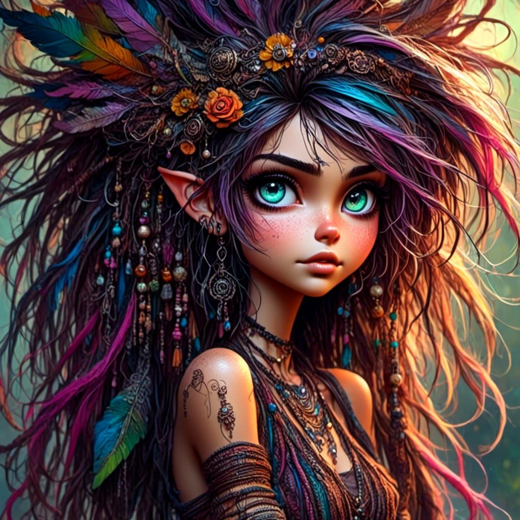 Beautiful Gypsy Woman with Shoulder Creature, Oil Illustrati...