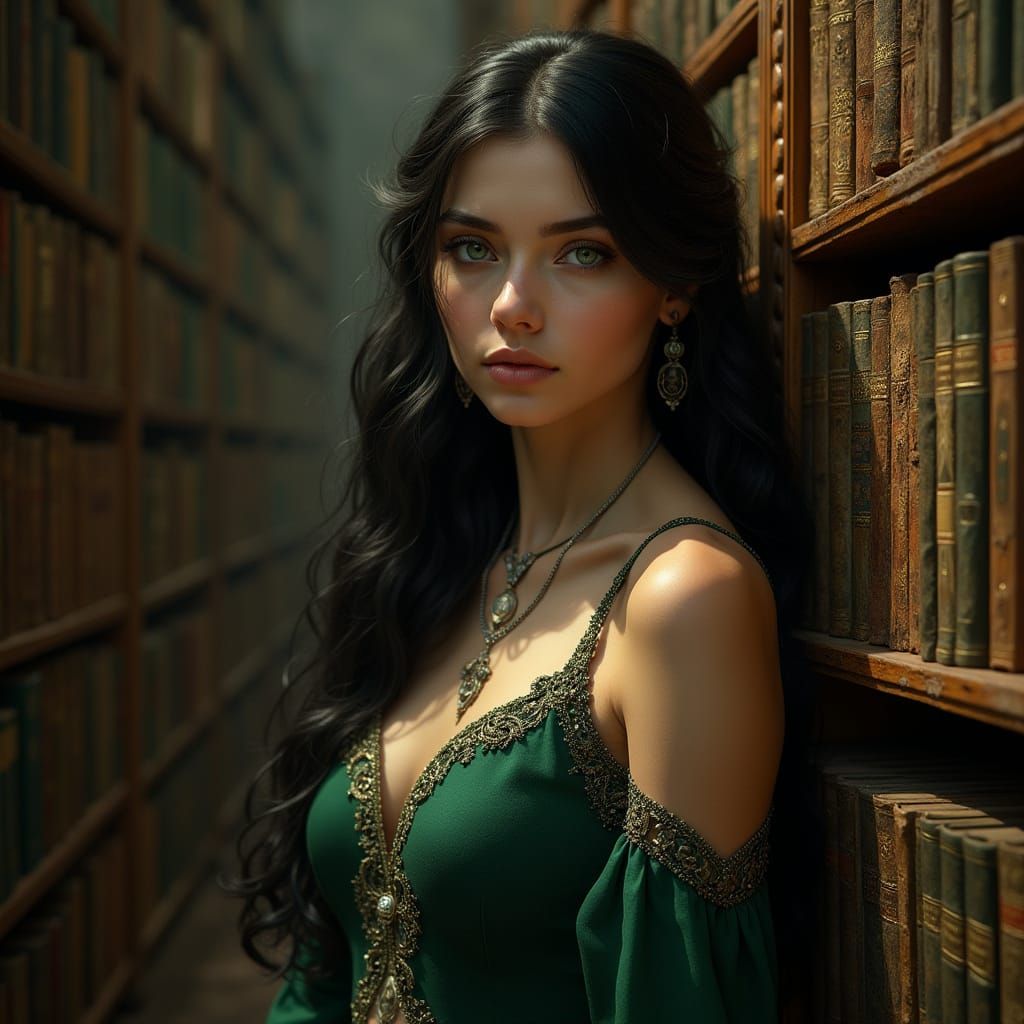 Ethereal Goddess of Knowledge in Moonlit Library
