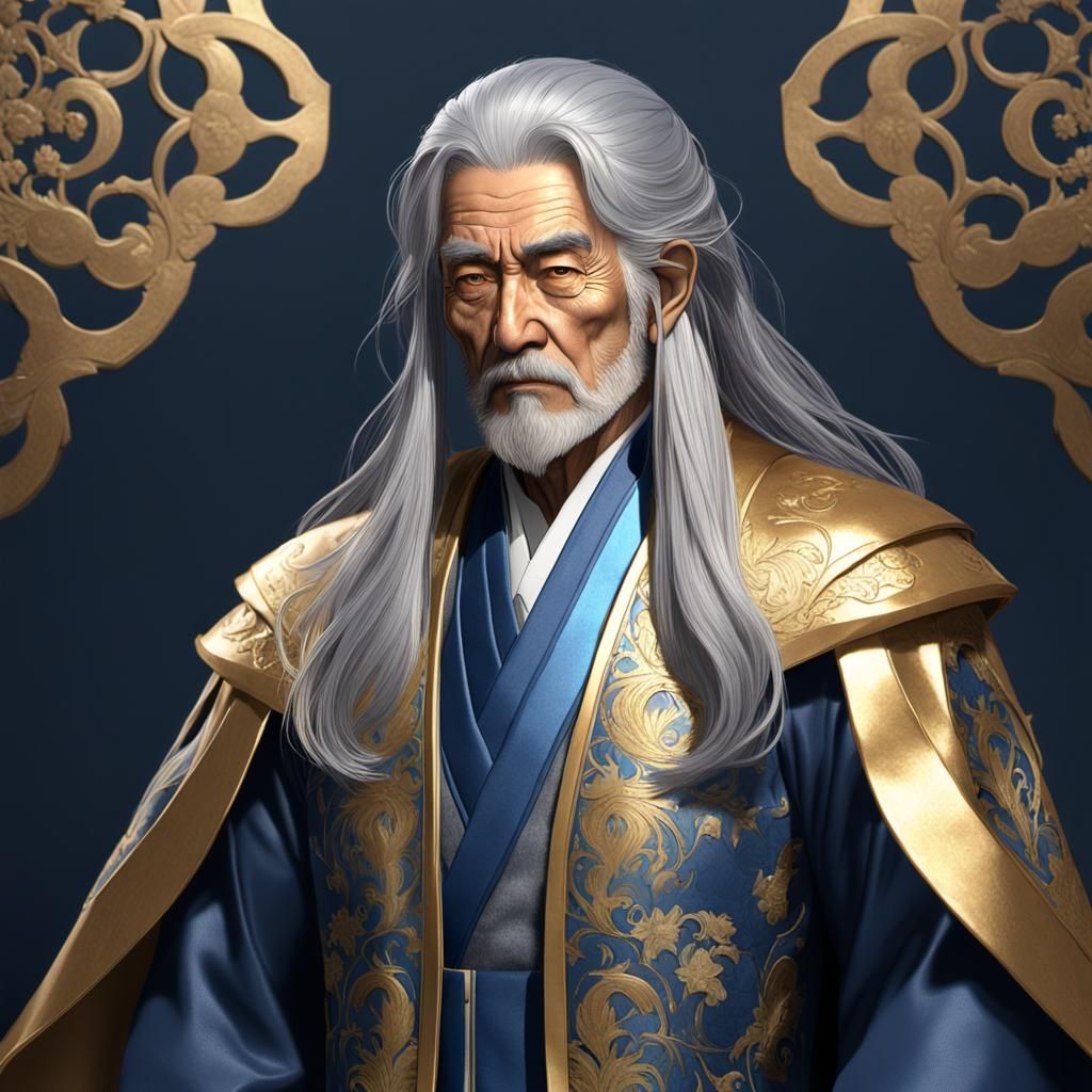 Ornate Portrait of Japanese Elder in Blue and Gold