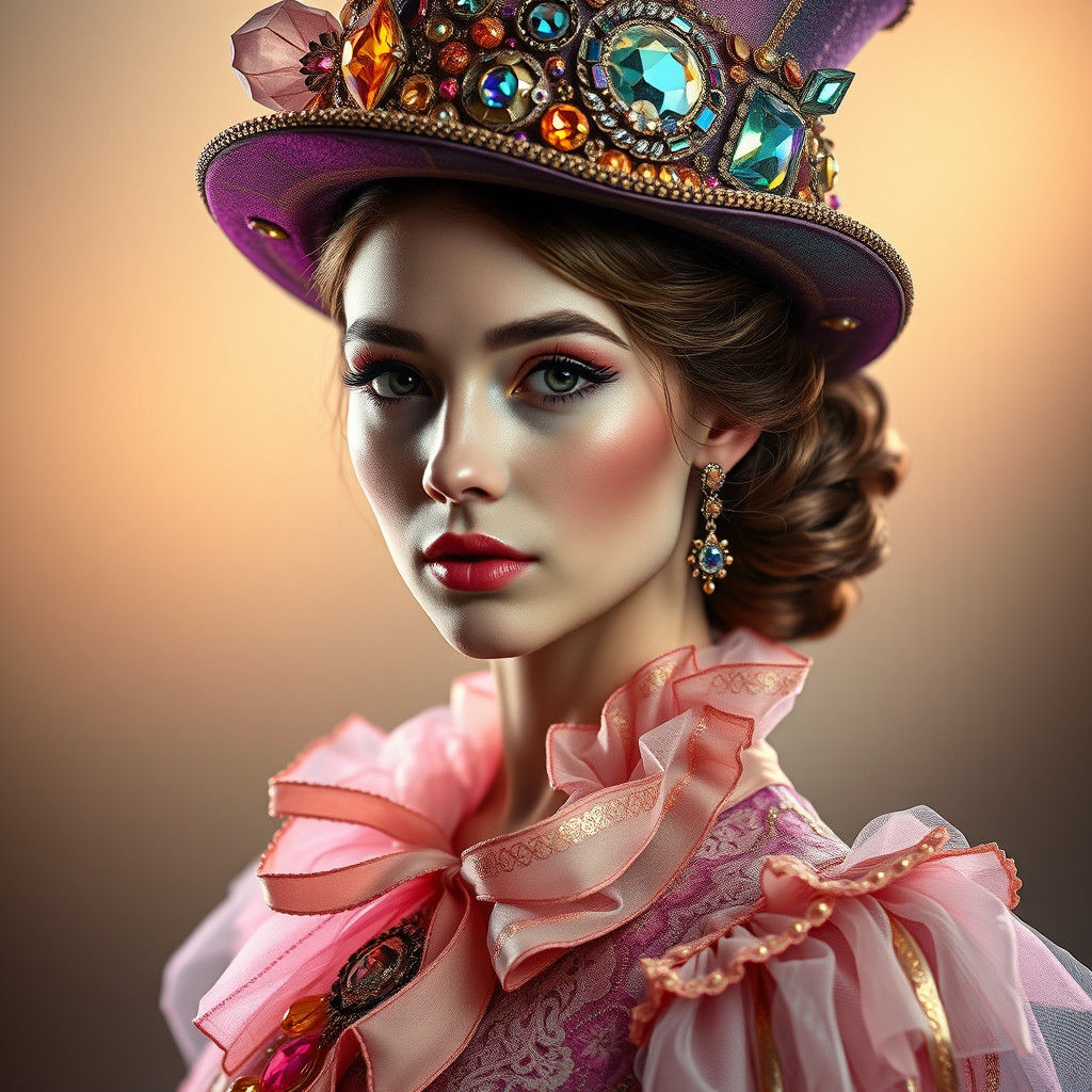 Hyperrealistic Woman in Victorian Outfit and Jeweled Top Hat