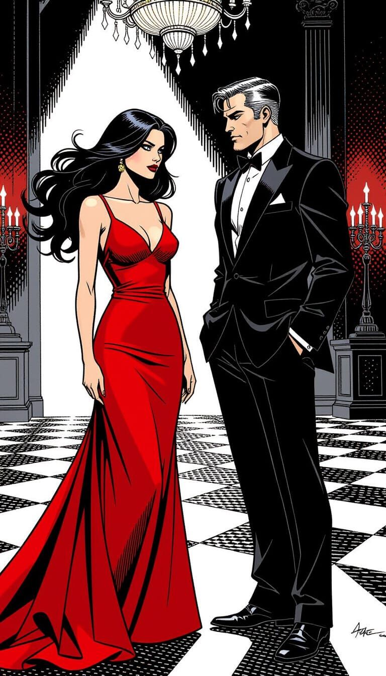 Comic Book Couple in Dramatic Ballroom