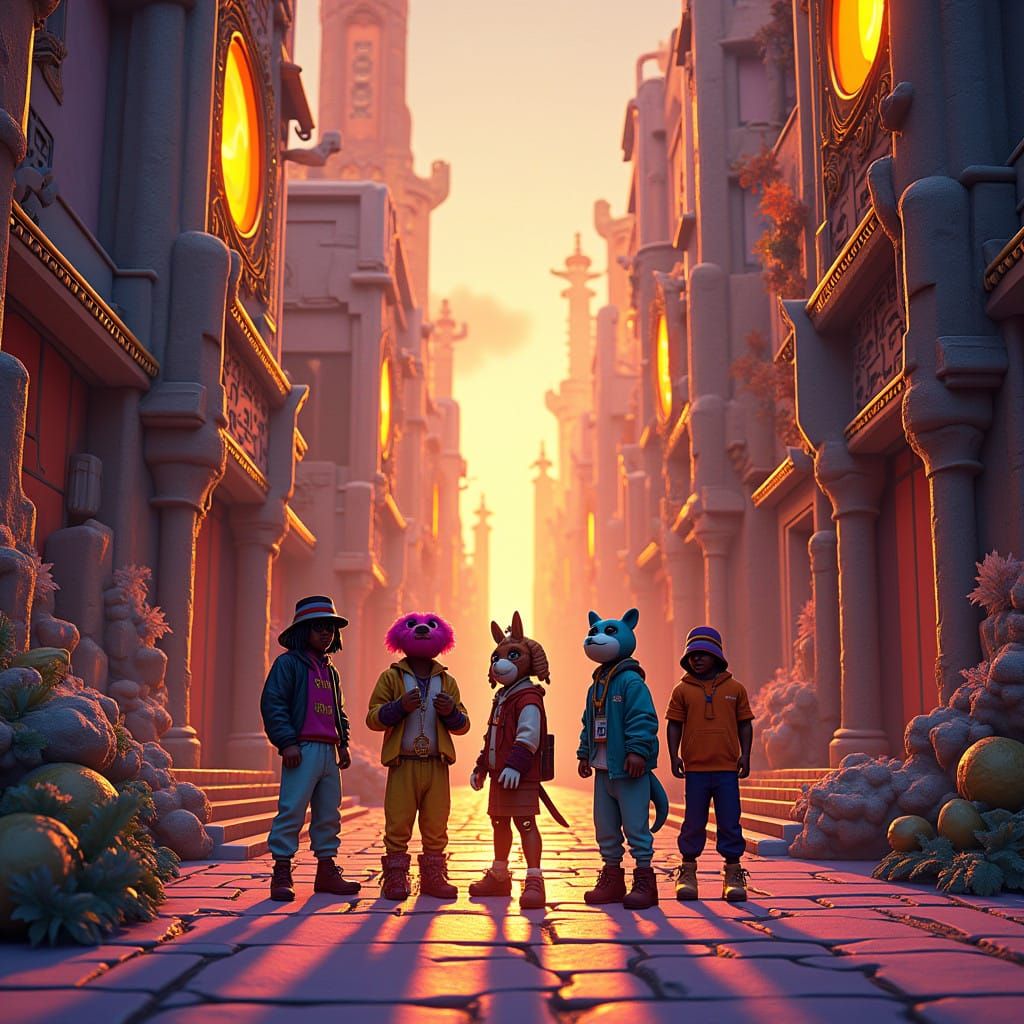 Vibrant O-Block Landscape with Legendary Rappers in Futurist...