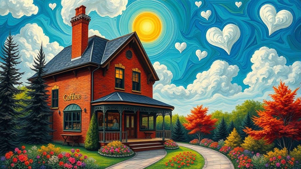 Dreamlike Victorian Coffee Shop in a Whimsical Sky