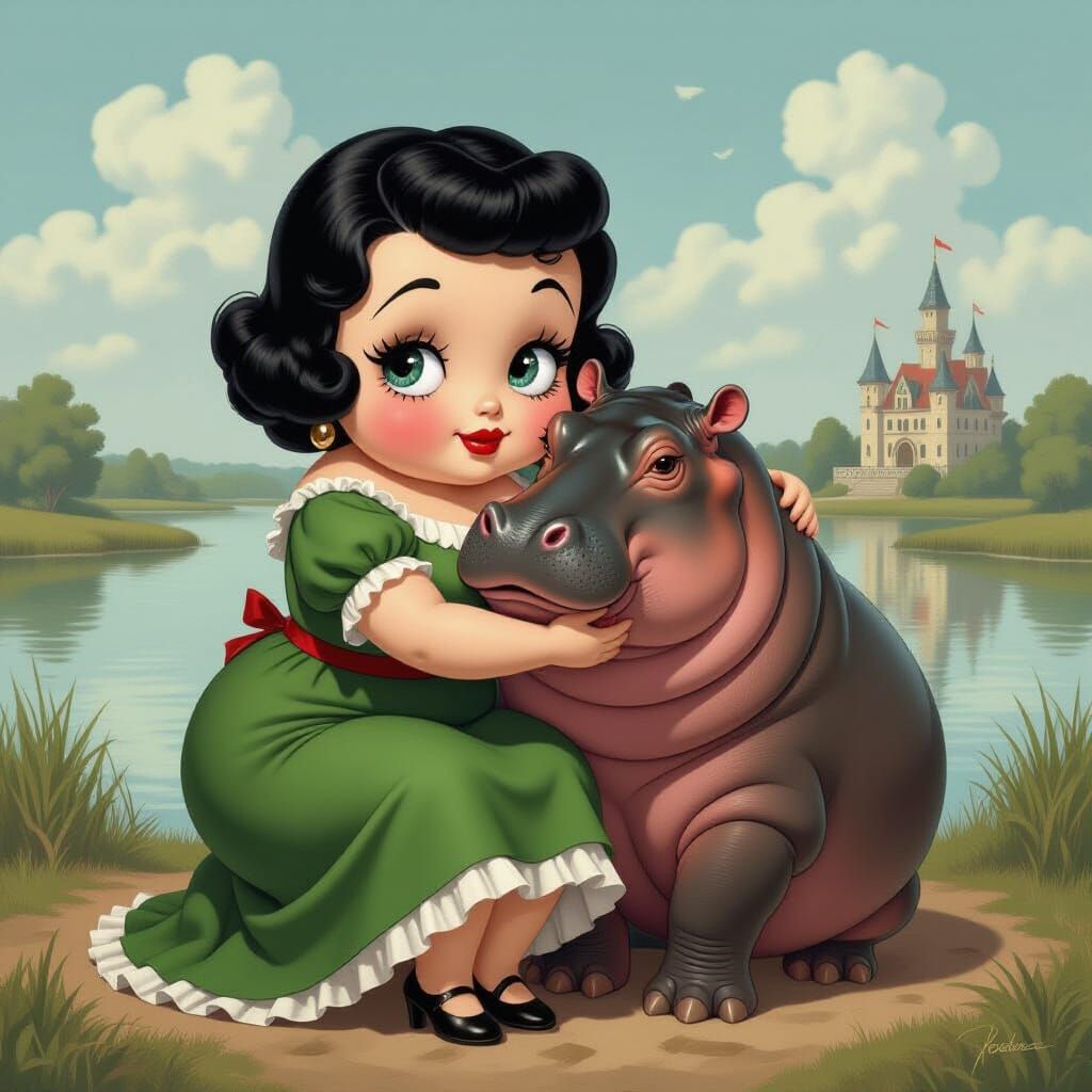 Baroque Caricature: Betty Boop and Hippo in Marshland