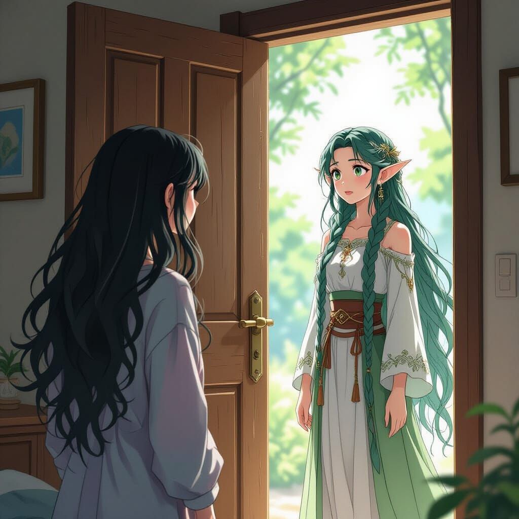 Woman Opens Door to Fantasy Portal, Realistic Anime Style