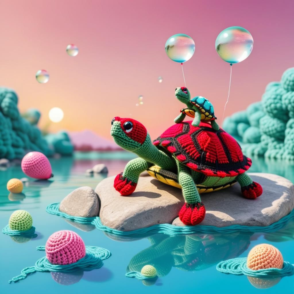 Crocheted Turtle Family Enjoying a Sunny Day