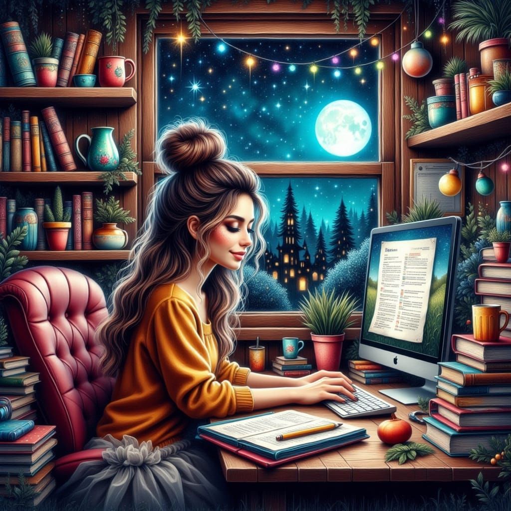 Vibrant Cozy Study Scene with a Glitter Fairy