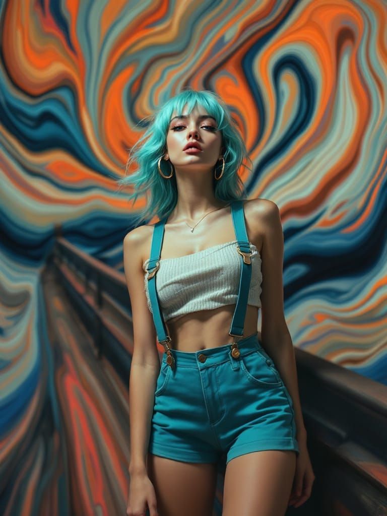 Expressionist Portrait of Woman with Mint Blue Hair