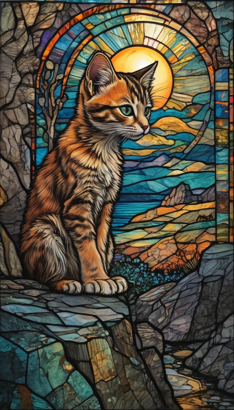 Vibrant Stained Glass Kitten Pouncing at the Sky