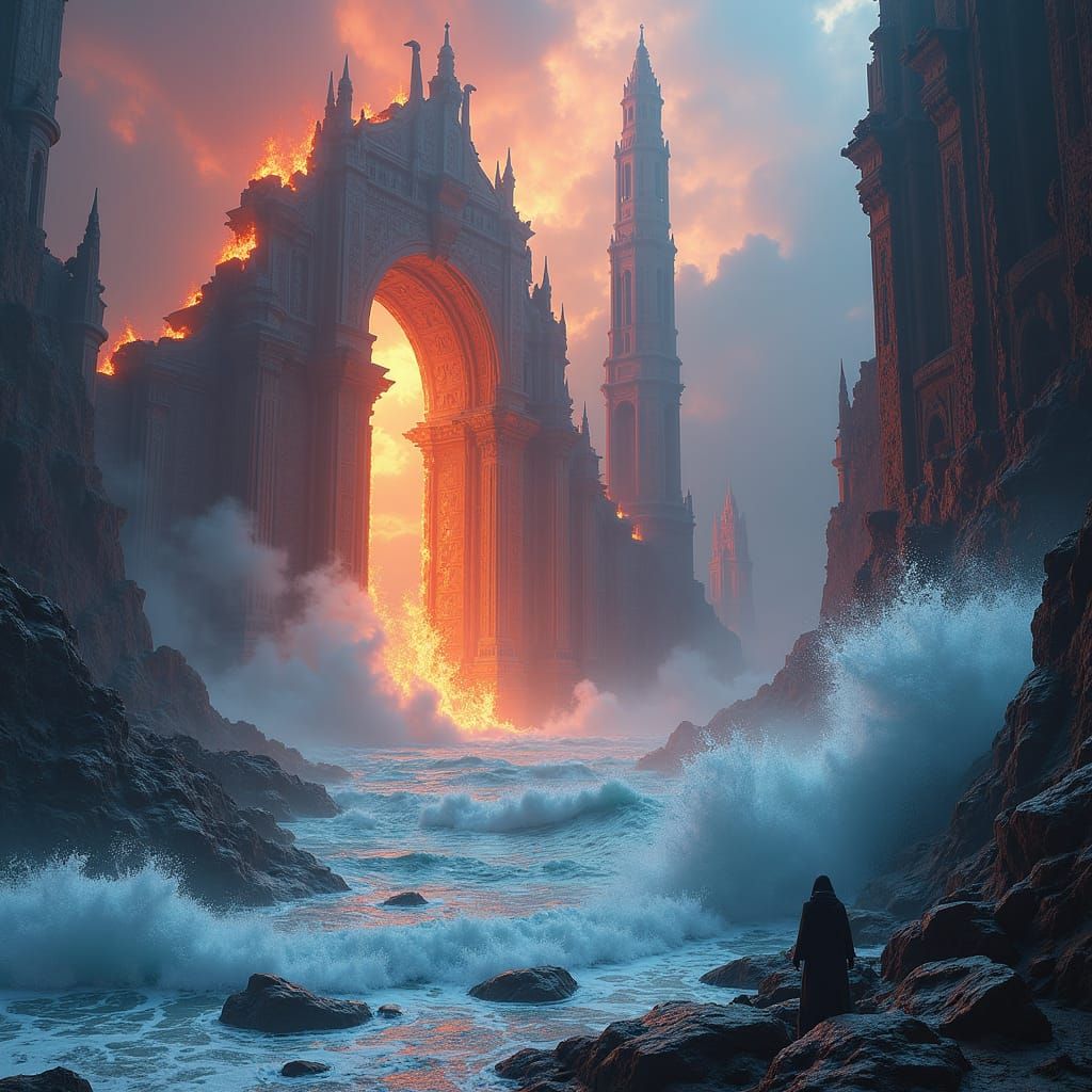 Mystical Realm with Fiery Waves and Ancient Ruins